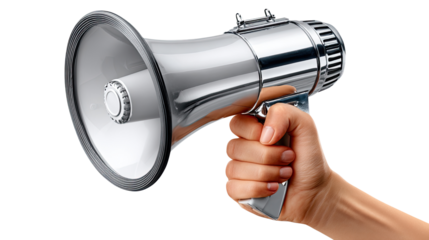 Amplifying the Voice: A hand firmly grips a metallic megaphone, poised to make an announcement. This image evokes a sense of authority and the power of communication.