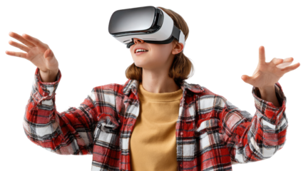 Immersive VR Experience: A youthful individual is engrossed in a virtual reality experience, hands outstretched as they interact with a simulated environment.