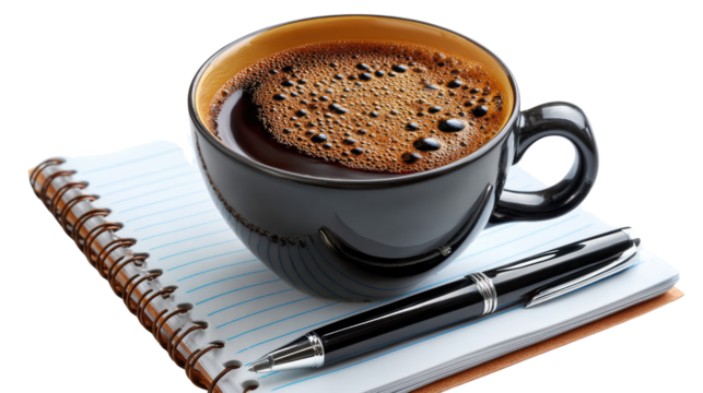 Coffee break and notebook: A close-up shot showcasing a serene moment of creativity and focus, a dark, aromatic coffee cup, and a sophisticated pen on a notepad.
