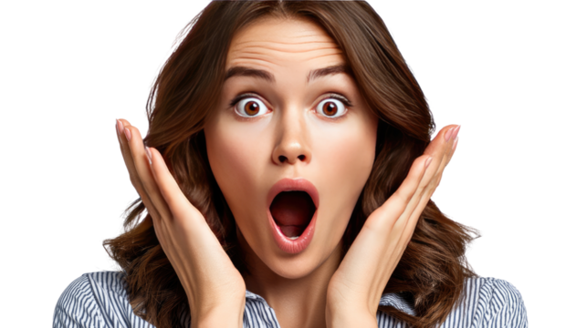 Astonishment and Amazement: A captivating portrait of a woman's face displaying the emotion of shock and wonder, with open mouth and wide eyes.