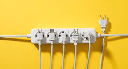 White power strip with multiple plugs connected against a bright yellow wall backdrop