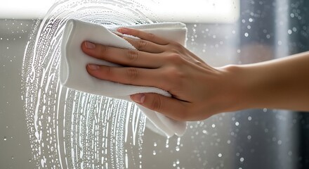 Woman wiping a glass surface with a soapy cloth, capturing cleaning process