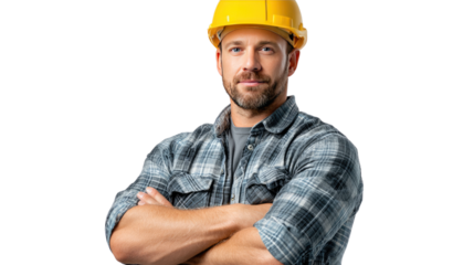 Confident Constructor: A skilled constructor with arms crossed, adorned with a yellow helmet, showcases expertise and reliability in the construction domain.
