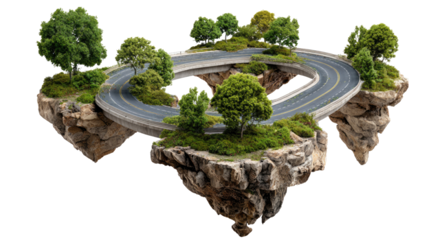 Surreal Roadscape: An extraordinary landscape of floating landmasses, connected by a looping road, creates a dreamlike visual, offering a unique perspective on nature and infrastructure. 