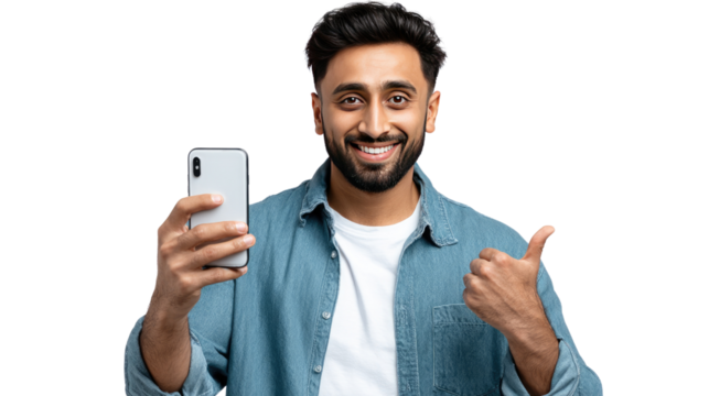 The Confident Connection: A cheerful individual, captured in a studio shot, showcases the latest technology while giving a thumbs up, signifying a positive recommendation and technological approval. 