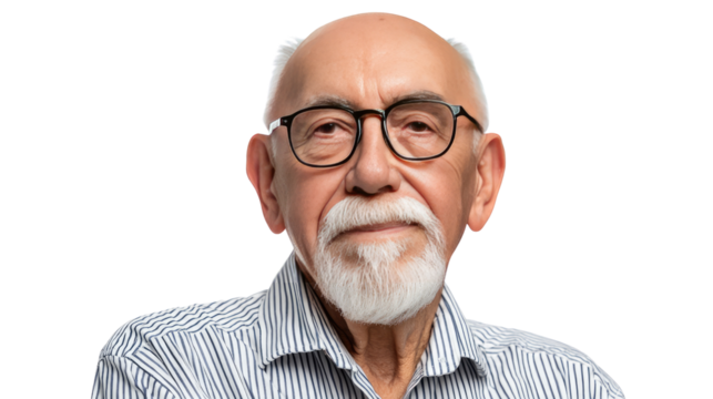 Thoughtful Portrait: A dignified elderly gentleman gazes directly at the camera, his expressive face framed by stylish eyeglasses and a distinguished beard, evoking wisdom and experience.