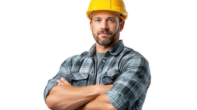 Confident Constructor: A skilled constructor with arms crossed, adorned with a yellow helmet, showcases expertise and reliability in the construction domain.