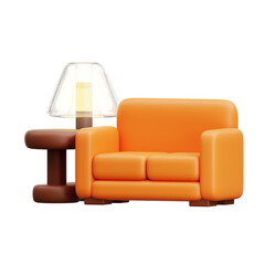 3d Illustration orange chair table lamp. Ideal for website designs, social media and interior projects