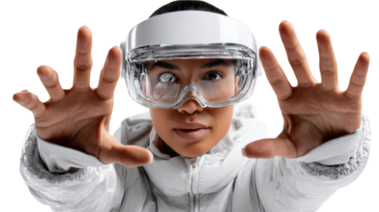 Immersive Tech Experience: Captivating portrait of a person adorned with a futuristic VR headset and protective eyewear, reaching out towards the viewer. Explore digital reality