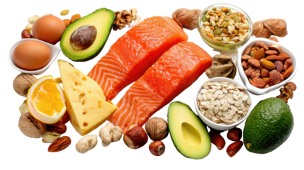 Healthy Dietary Staples: An artful array of nutritious food elements, including salmon, avocado, eggs, nuts, and seeds, exquisitely arranged to spotlight a balanced diet's essence.
