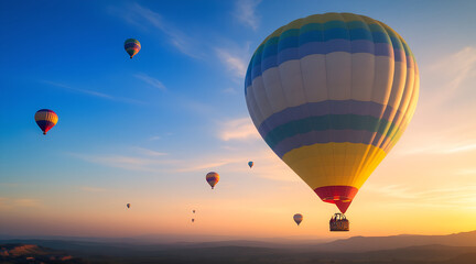 Naklejka premium Vibrant hot air balloons ascend into a colorful sky at sunrise over a hazy landscape