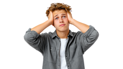 The Weight of Worry: A young man's face etched with concern, hands clasped to his head in a pose of deep contemplation.