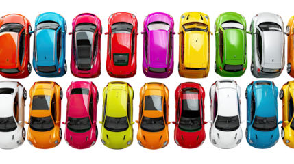 Colorful Fleet of Cars: A vibrant collection of various colored cars, viewed from directly above, parked in rows, forming a visually appealing grid, showcasing diversity in the automotive industry.