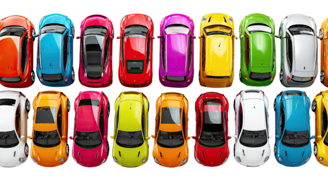 Colorful Fleet of Cars: A vibrant collection of various colored cars, viewed from directly above, parked in rows, forming a visually appealing grid, showcasing diversity in the automotive industry.