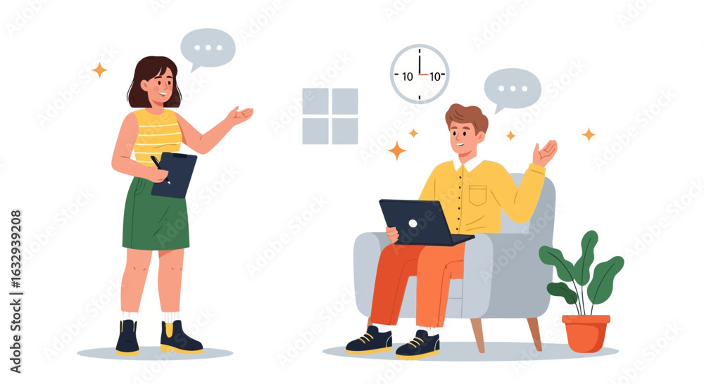 Poster vector art of two colleagues collaborating on a project in an office setting, one sitting with a lap