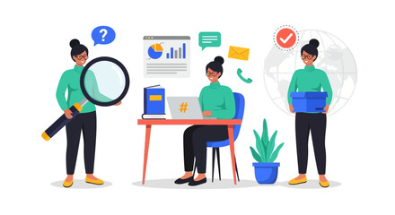 Vector art of businesswoman analyzing data with magnifying glass, working on laptop at desk, and holding basket, isolated on white background