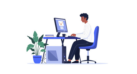 Vector art of young man working on a computer at his desk in a modern office or home workspace, isolated on white background