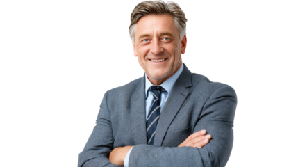 Professional Confidence: An older gentleman, exuding self-assuredness and experience, poses with a warm smile and crossed arms, ready to lead and inspire in a professional setting.