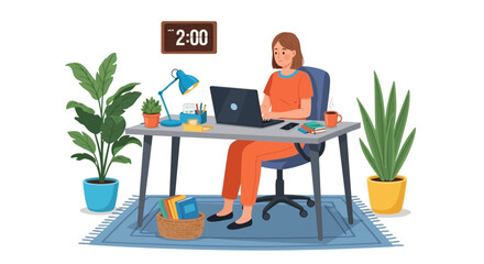 Fototapeta premium Vector art of young woman working at a desk with a laptop and plants, isolated on white background