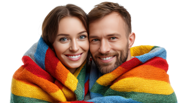 Loving Embrace in Color: A smiling couple, wrapped in a vibrant, rainbow-colored blanket, share a tender moment, radiating joy and affection.