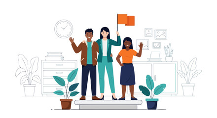 Vector art of diverse team celebrating success and leadership with a flag in a modern office setting, symbolizing achievement and teamwork