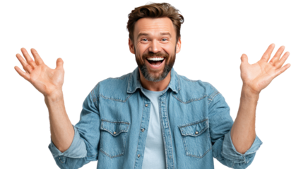 Excited and Smiling Man: A man, full of life, beams a genuine smile and raises his arms in a display of unadulterated joy. capturing the essence of pure, unbridled enthusiasm.