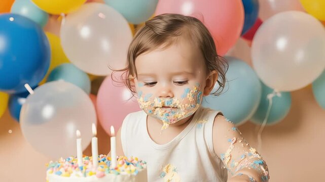 Adorable baby celebrates first birthday with cake smash and colorful balloons backdrop