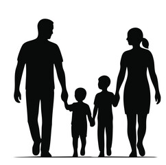 Black and White Silhouette of Happy Family with Two Kids Walking Hand in Hand