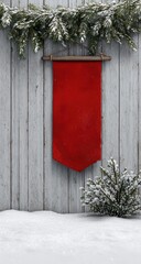 Red banner mockup, winter scene, wooden wall, snow, festive
