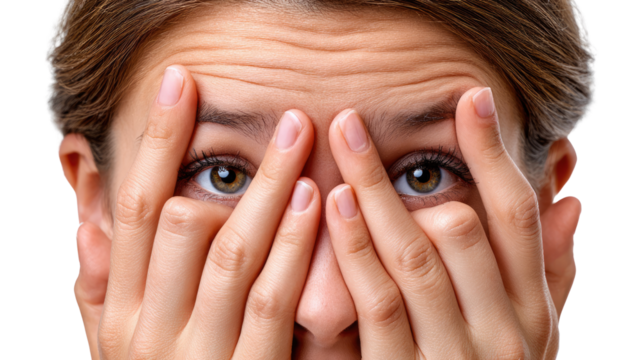Concealed Curiosity: A close-up view of eyes with hands covering part of face hinting at feelings of wonder and uncertainty.