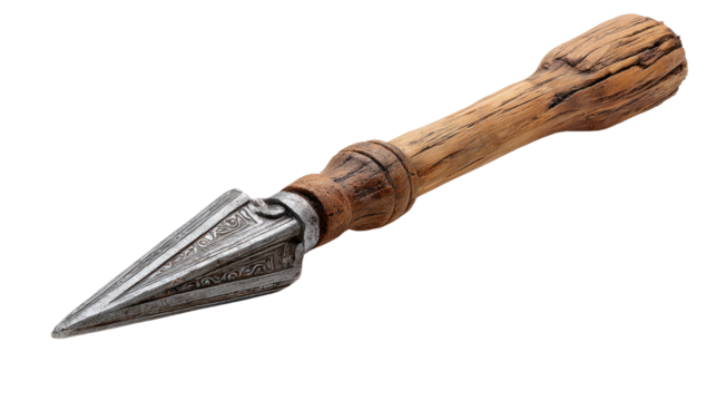 Vintage Spear Point: The antique spear point, a relic from history, features a robust metal tip expertly affixed to a weathered wooden shaft. This image evokes the past.