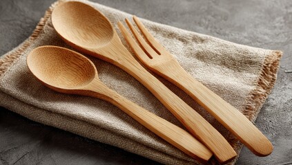 Three light-brown wooden utensils, a spoon, a ladle, and a fork, rest on a folded linen cloth on a mottled gray surface