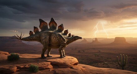 Stegosaurus standing on a rock formation with lightning in the background in a desert landscape