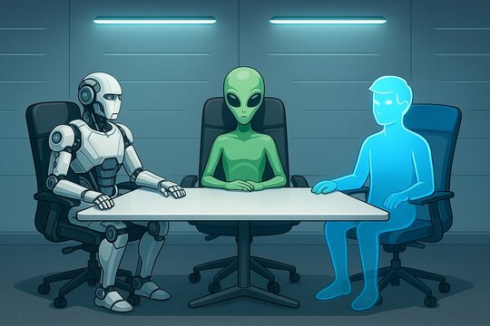 Encontro entre rob&ocirc;, alien&iacute;gena e humano em mesa de negocia&ccedil;&otilde;es futurista