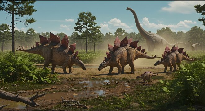 Group of stegosaurus dinosaurs in a prehistoric landscape with tall trees and a long necked dinosaur