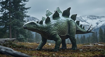Fototapeta premium A stegosaurus walking in a field with snow capped mountains and trees in the background on a cloudy day