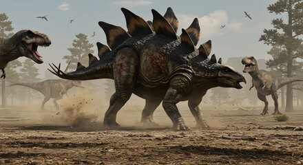 A stegosaurus facing off against tyrannosaurus rexes in a prehistoric landscape with trees and birds