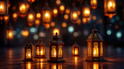 Obraz premium Beautifully illuminated ramadan lanterns glowing warmly on a reflective surface with a bokeh background of lights