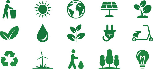 Green energy and sustainability vector icons set for eco friendly lifestyle and environment protection