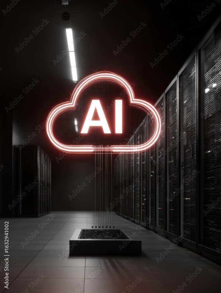 Poster illuminated ai cloud symbol inside a modern data center showcasing technology and innovation during 