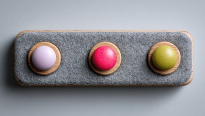 Three colored buttons on a wooden board