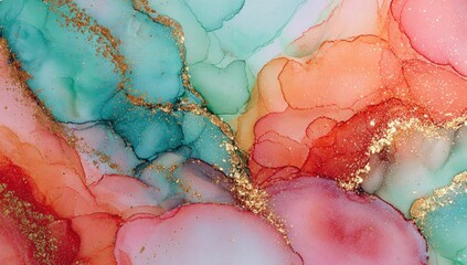 Abstract fluid art with vibrant colors and gold accents