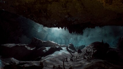 Dramatic cave interior with stalactites and a misty atmosphere.