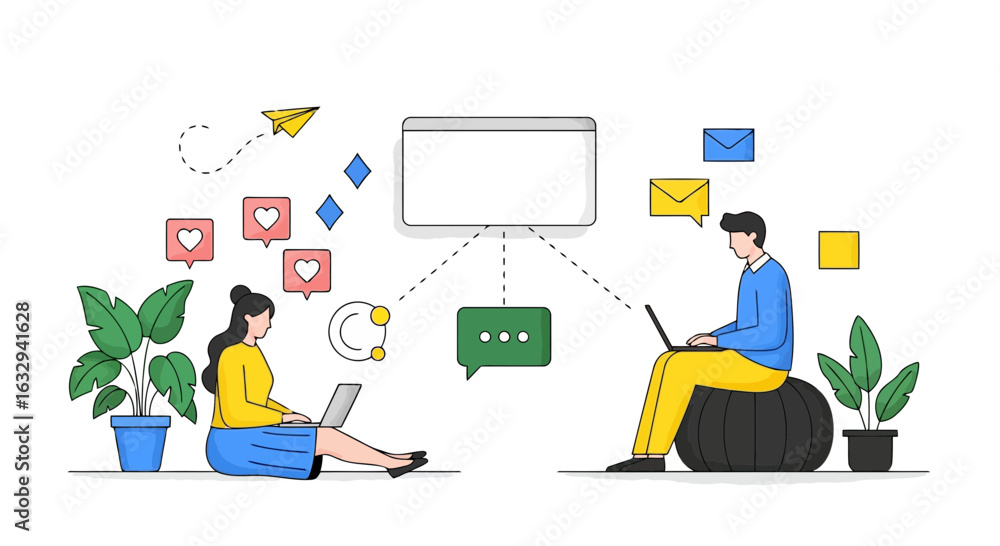 Poster vector art of two people collaborating remotely using laptops connected to a central screen, symboli