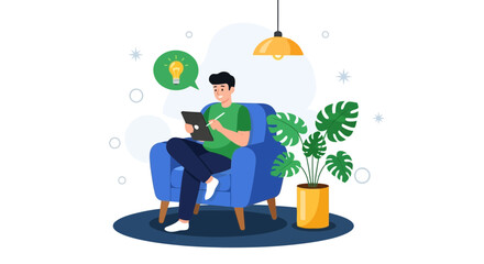 Vector art of man sitting in a blue armchair, drawing on a tablet with a lightbulb icon indicating an idea, next to a potted plant, isolated on white background
