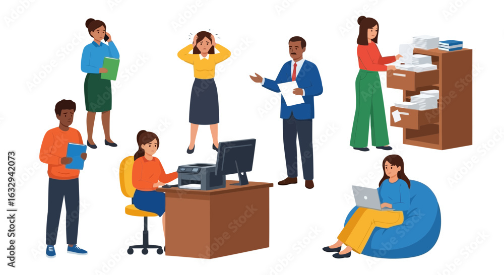 Poster vector art of diverse group of business people working in an office environment, some at desks with 