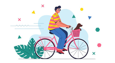 Vector art of man riding a bicycle with a dog in the basket, enjoying a healthy outdoor activity in a park, flat vector illustration style