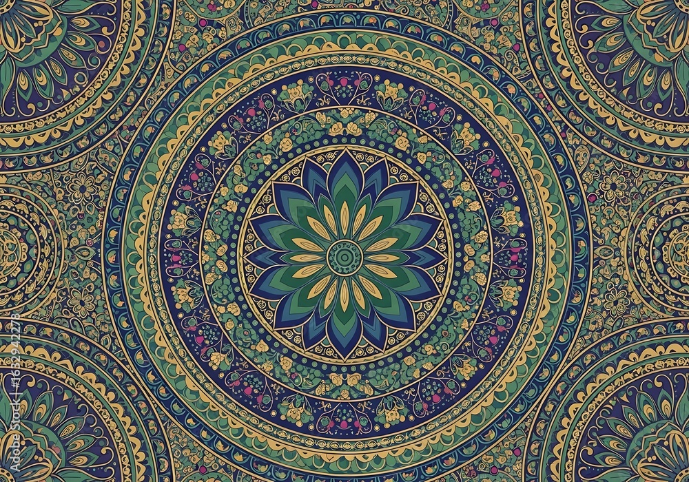 Poster detailed circular floral pattern featuring intricate concentric designs and color variations