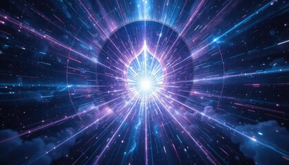 Obraz premium An abstract, vibrant burst of light emanating from a central point, with streaks of blue, purple, and pink radiating outwards.