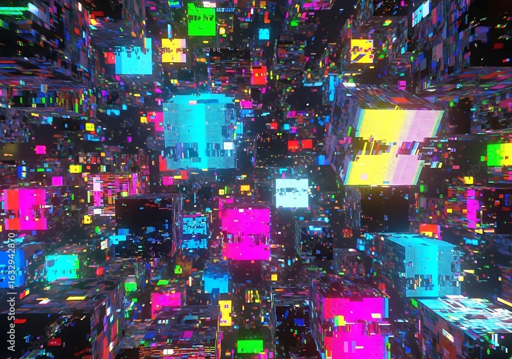 Aufkleber hyperdimensional cityscape rendering with iridescent cubes and radiant data streams